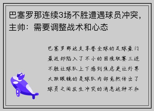 巴塞罗那连续3场不胜遭遇球员冲突，主帅：需要调整战术和心态