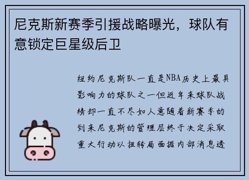 尼克斯新赛季引援战略曝光，球队有意锁定巨星级后卫